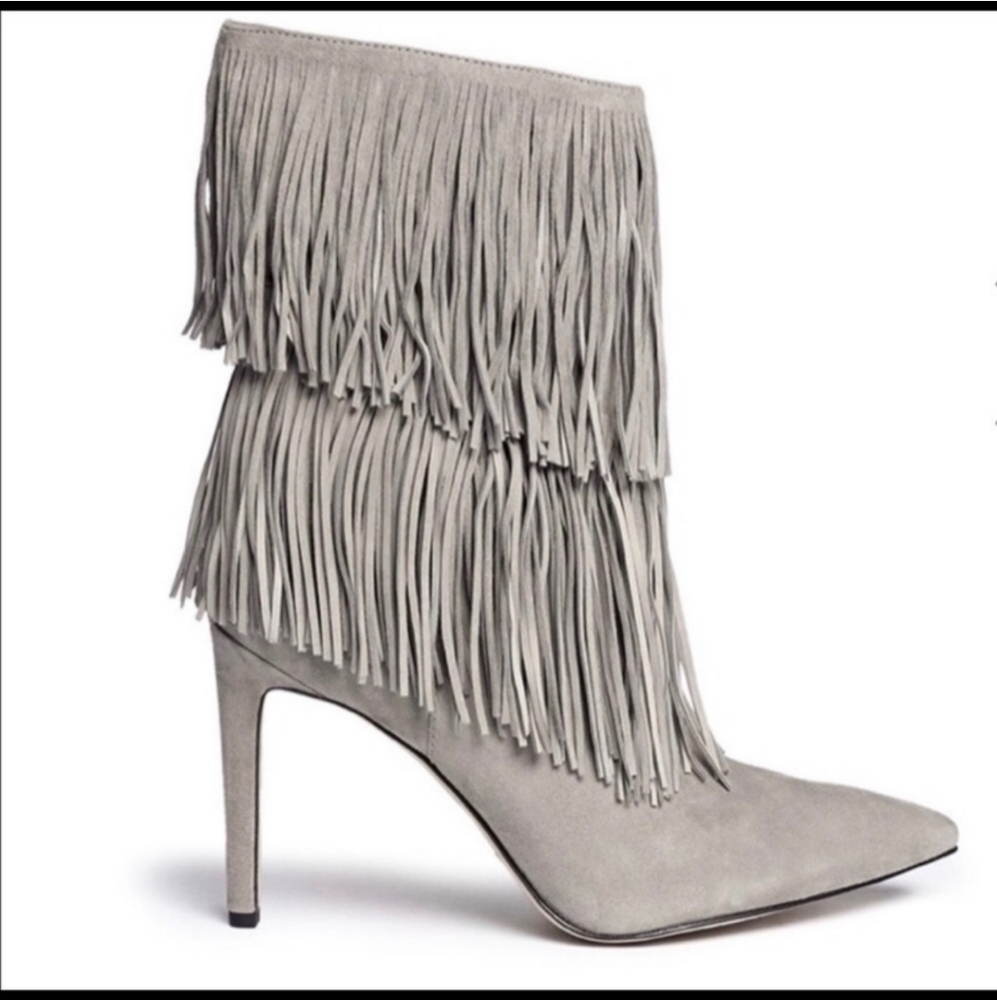 Sam Edelman‎ Belinda Heeled Booties gray suede with tiered fringe size 7